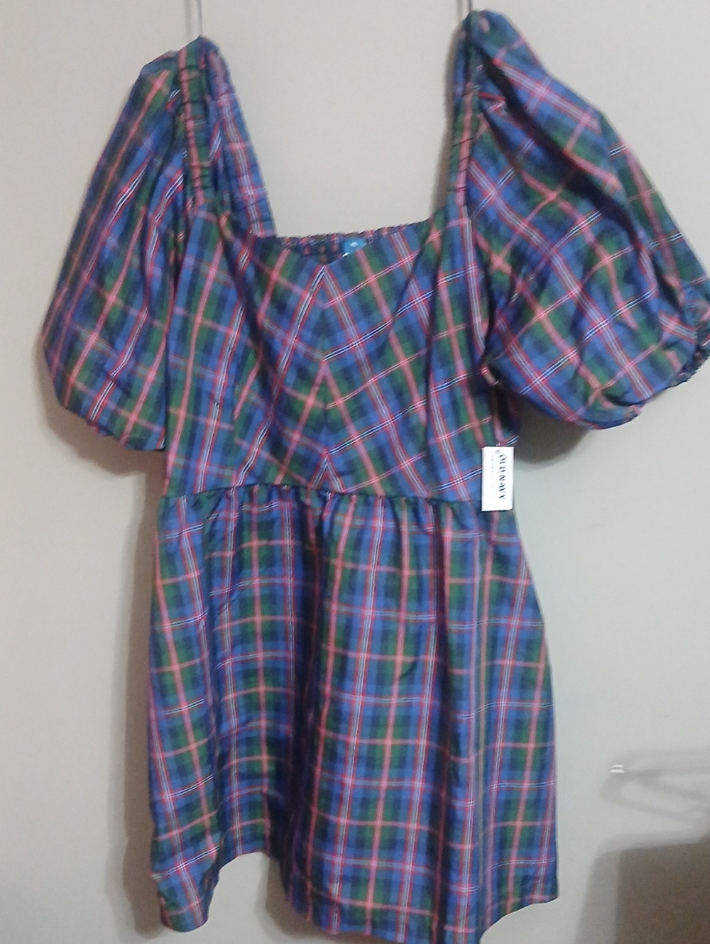 Old Navy Blue and Green Plaid Puff Sleeve Mini Dress